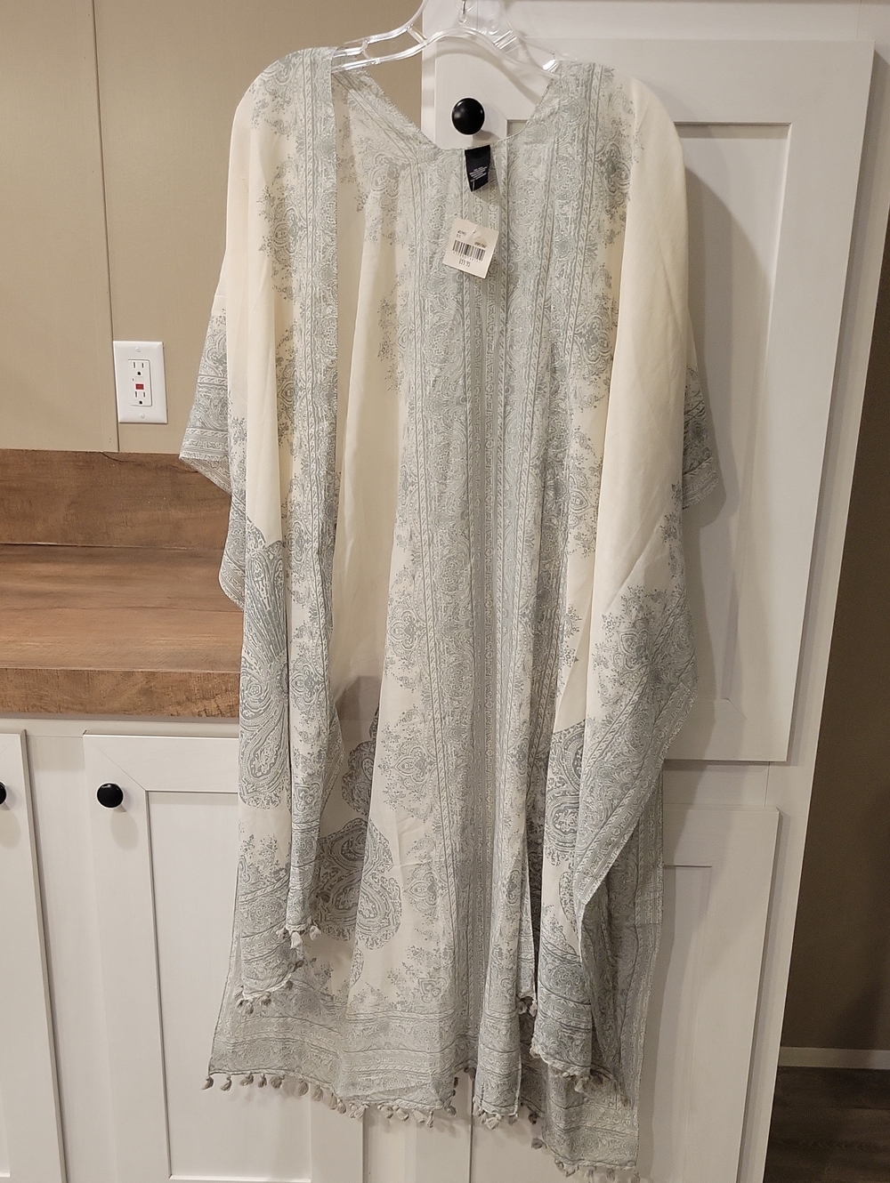 Altar'd State Sheer White and Light Greenish Gray Paisley Kimono Cover-Up